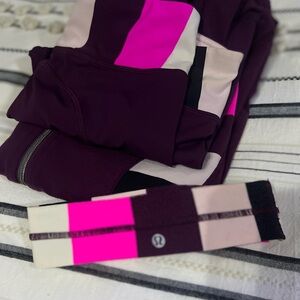 Lululemon Maroon Legging & Jacket with Headband Set with Pink Accent